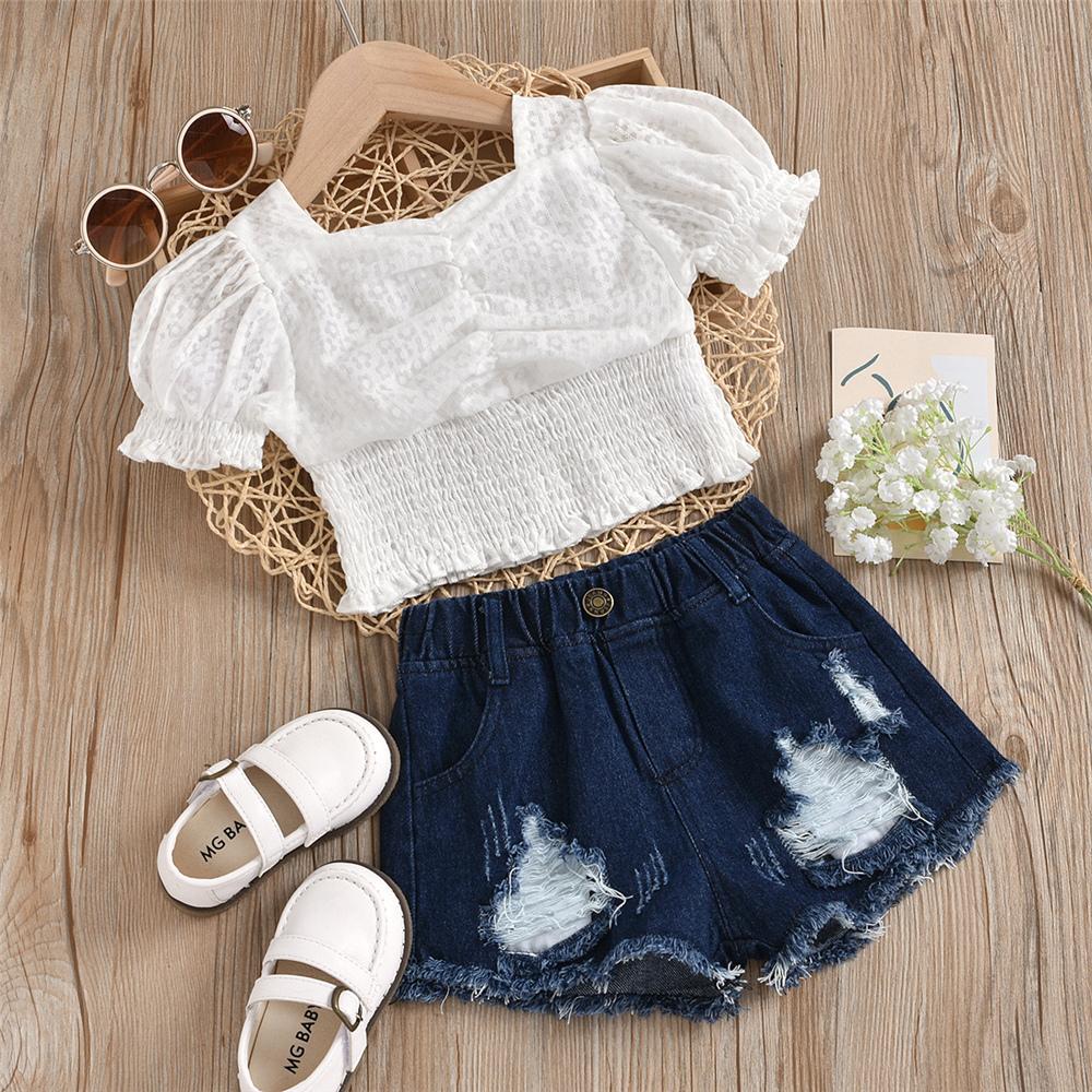 Girls Solid Color Short Sleeve White Top & Denim Shorts children's club wholesale