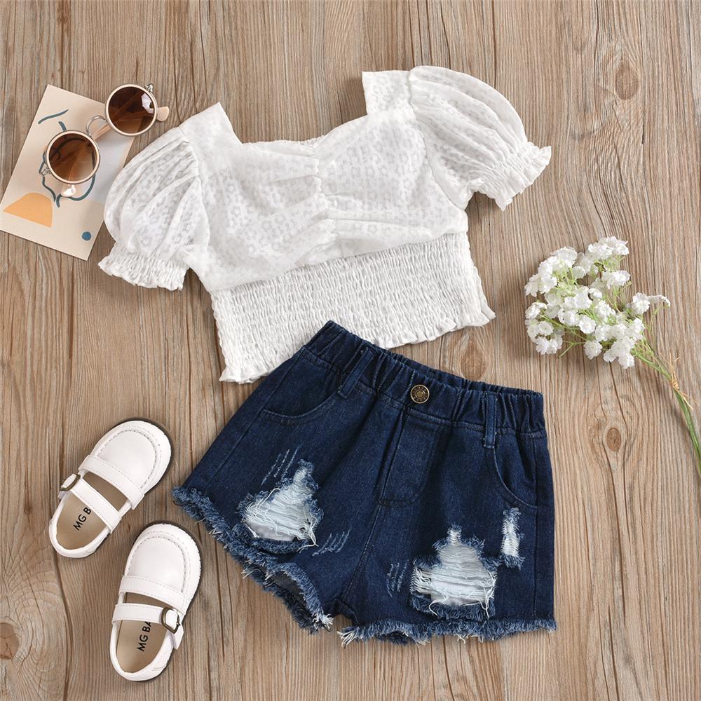 Girls Solid Color Short Sleeve White Top & Denim Shorts children's club wholesale