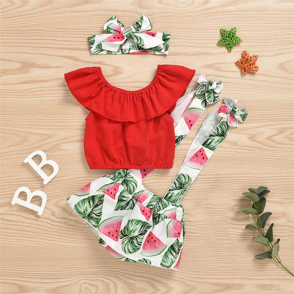 Baby Girls Solid Color Sleeveless Off Shoulder Top & Fruit Printed Suspender Skirt & Headband Baby Outfits