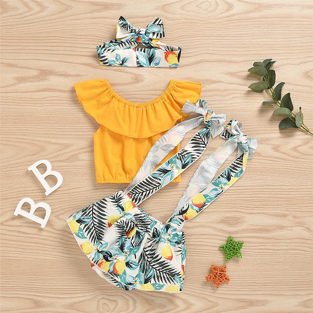 Baby Girls Solid Color Sleeveless Off Shoulder Top & Fruit Printed Suspender Skirt & Headband Baby Outfits
