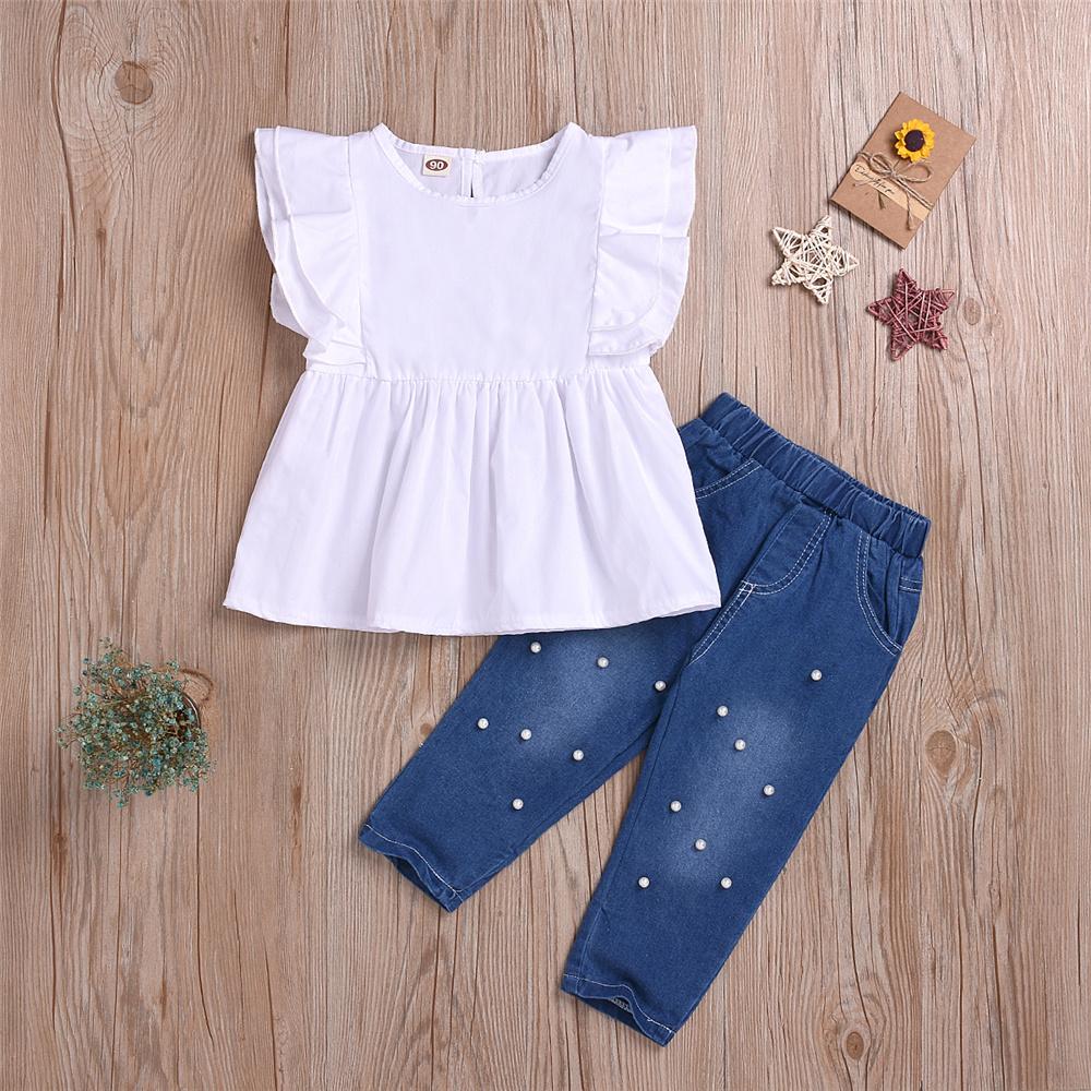 Girls Solid Color Sleeveless Top & Pearl Jeans Toddler Girls Wholesale
