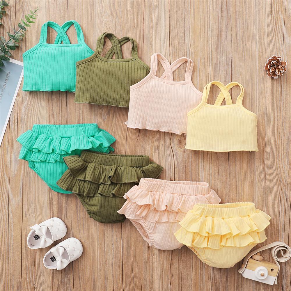 Baby Girls Solid Color Sling Top & Ruffled Shorts Baby Clothes Suppliers