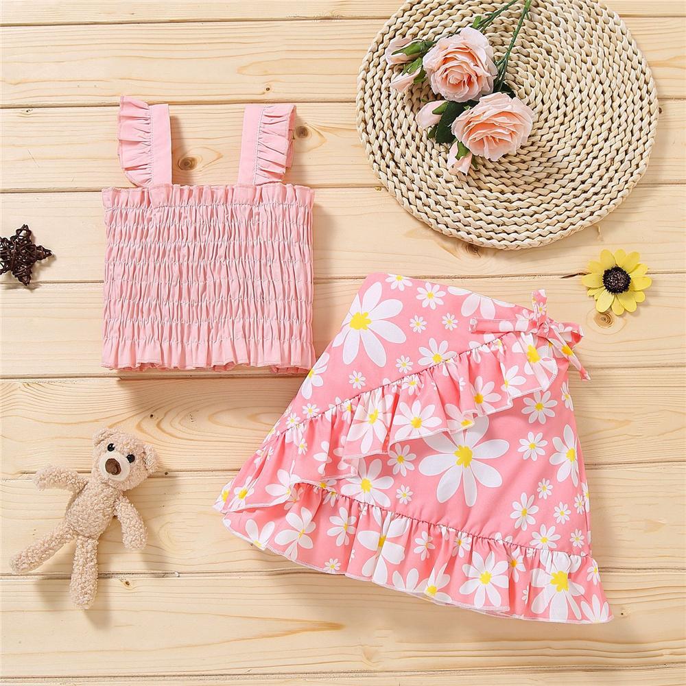 Girls Solid Color Sling Top & Striped Floral Polka Dot Skirt kids clothing vendors
