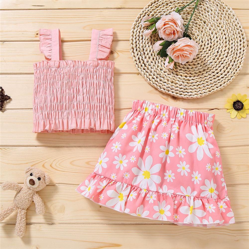Girls Solid Color Sling Top & Striped Floral Polka Dot Skirt kids clothing vendors