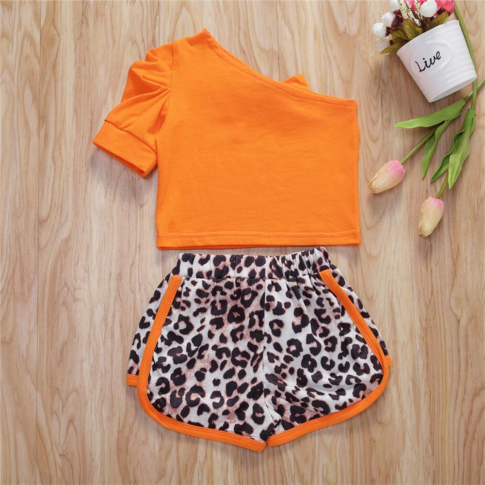 Girls Solid Color Strapless Single Sleeve Bow Decor Top & Leopard Shorts Wholesale Little Girls Clothes