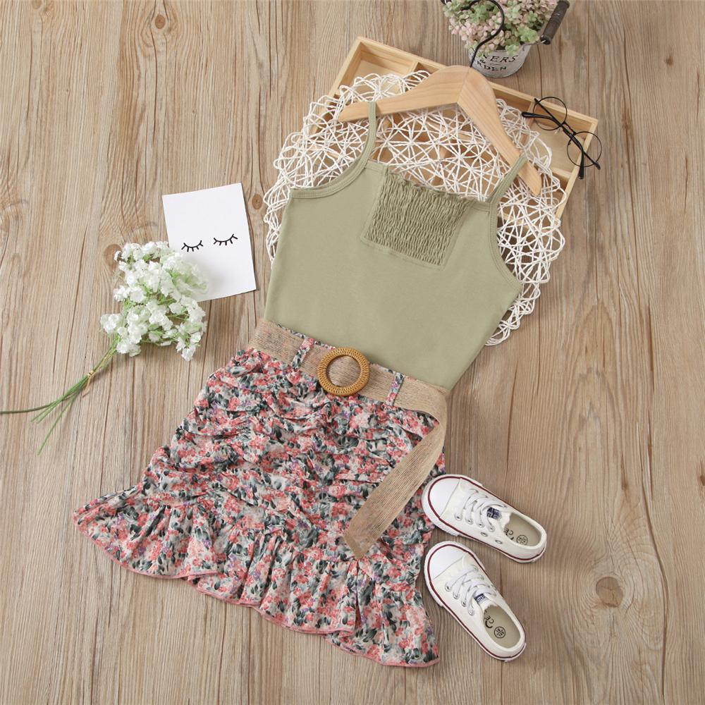Girls Solid Color Tank Top & Floral Pleated Skirt Kids Clothing Suppliers