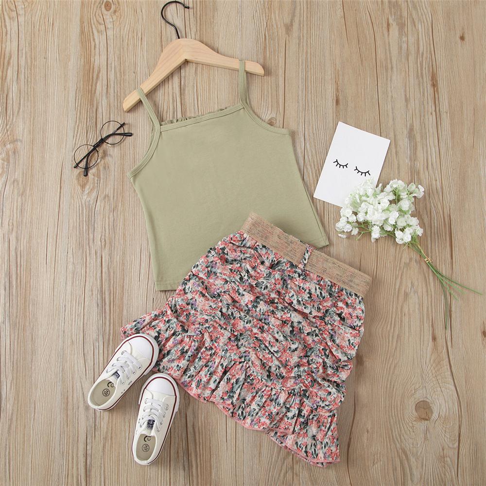 Girls Solid Color Tank Top & Floral Pleated Skirt Kids Clothing Suppliers