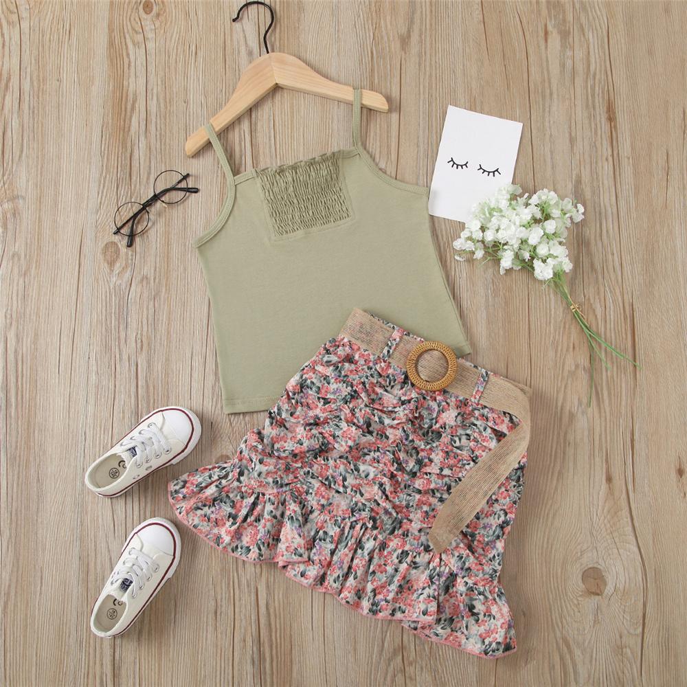 Girls Solid Color Tank Top & Floral Pleated Skirt Kids Clothing Suppliers