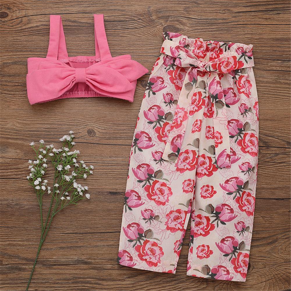 Girls Solid Color Tank Top & Floral Printed Pants wholesale girls clothes