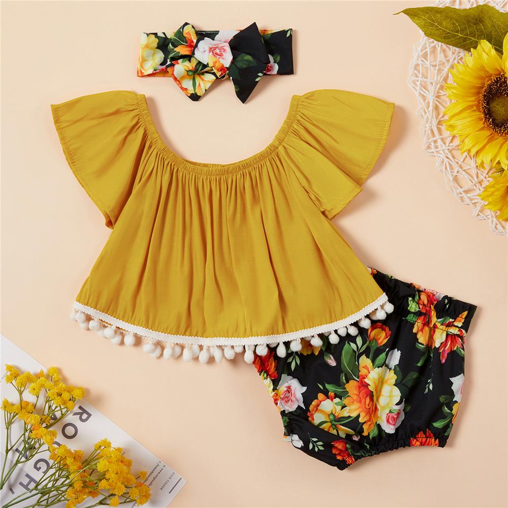 Baby Girls Solid Color Tassel Short Sleeve Top & Floral Shorts & Headband Wholesale Baby Girl Clothes