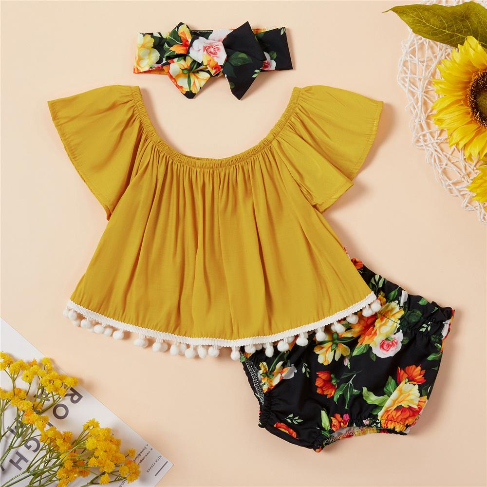 Baby Girls Solid Color Tassel Short Sleeve Top & Floral Shorts & Headband Wholesale Baby Girl Clothes