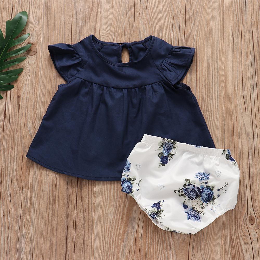 Baby Girls Solid Floral Printed Short Sleeve Top & Shorts Wholesale Baby Clothes