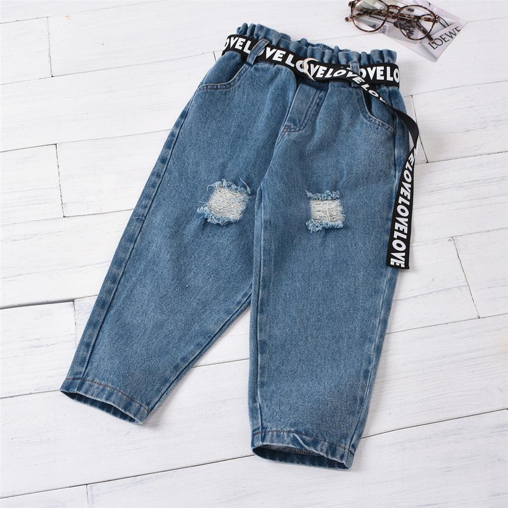 Girls Solid Mesh Sleeve Sleeve Top & Belt Ripped Jeans Girls Wholesale