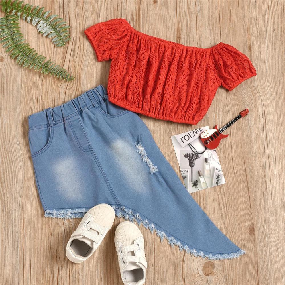 Girls Solid Off Shoulder Short Sleeve Hollow Out Top & Irregular Denim Skirt Trendy Kids Wholesale Clothing