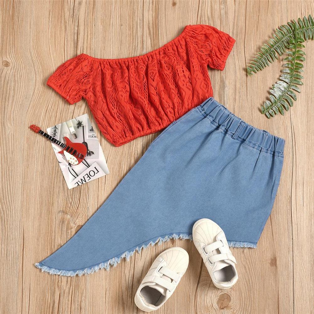 Girls Solid Off Shoulder Short Sleeve Hollow Out Top & Irregular Denim Skirt Trendy Kids Wholesale Clothing