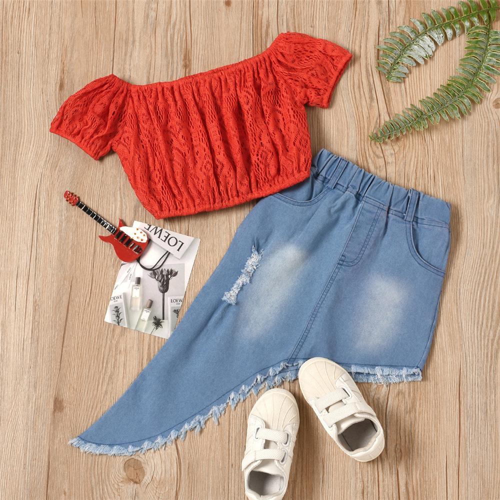 Girls Solid Off Shoulder Short Sleeve Hollow Out Top & Irregular Denim Skirt Trendy Kids Wholesale Clothing