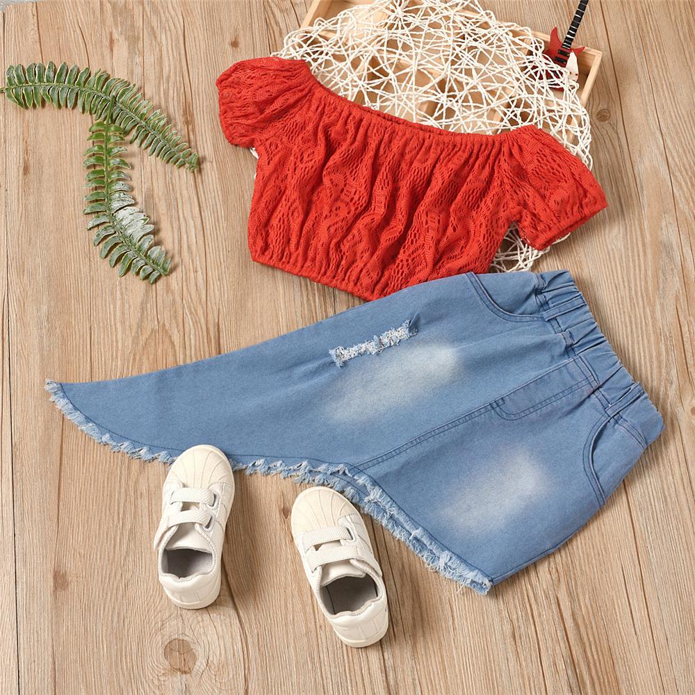 Girls Solid Off Shoulder Short Sleeve Hollow Out Top & Irregular Denim Skirt Trendy Kids Wholesale Clothing