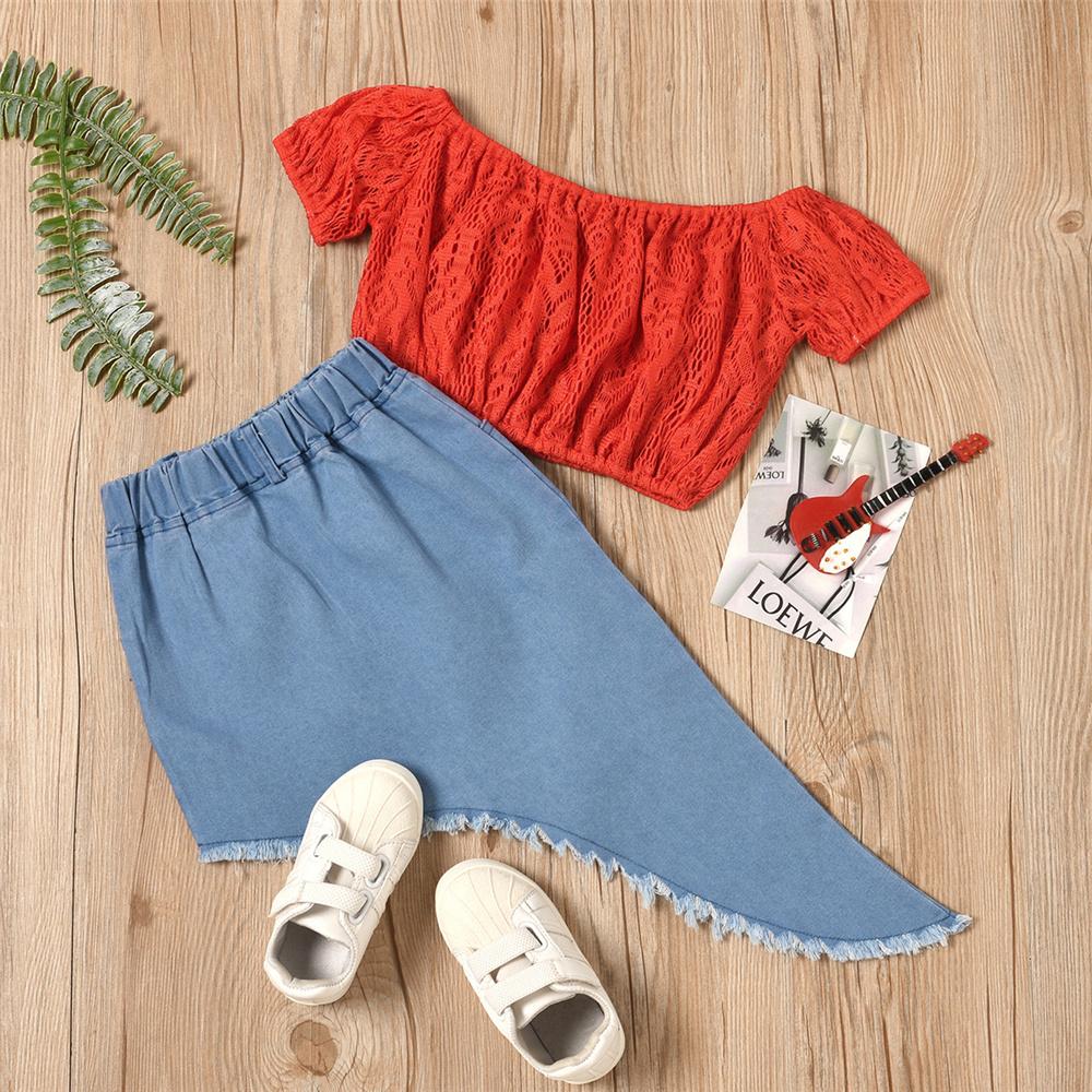 Girls Solid Off Shoulder Short Sleeve Hollow Out Top & Irregular Denim Skirt Trendy Kids Wholesale Clothing