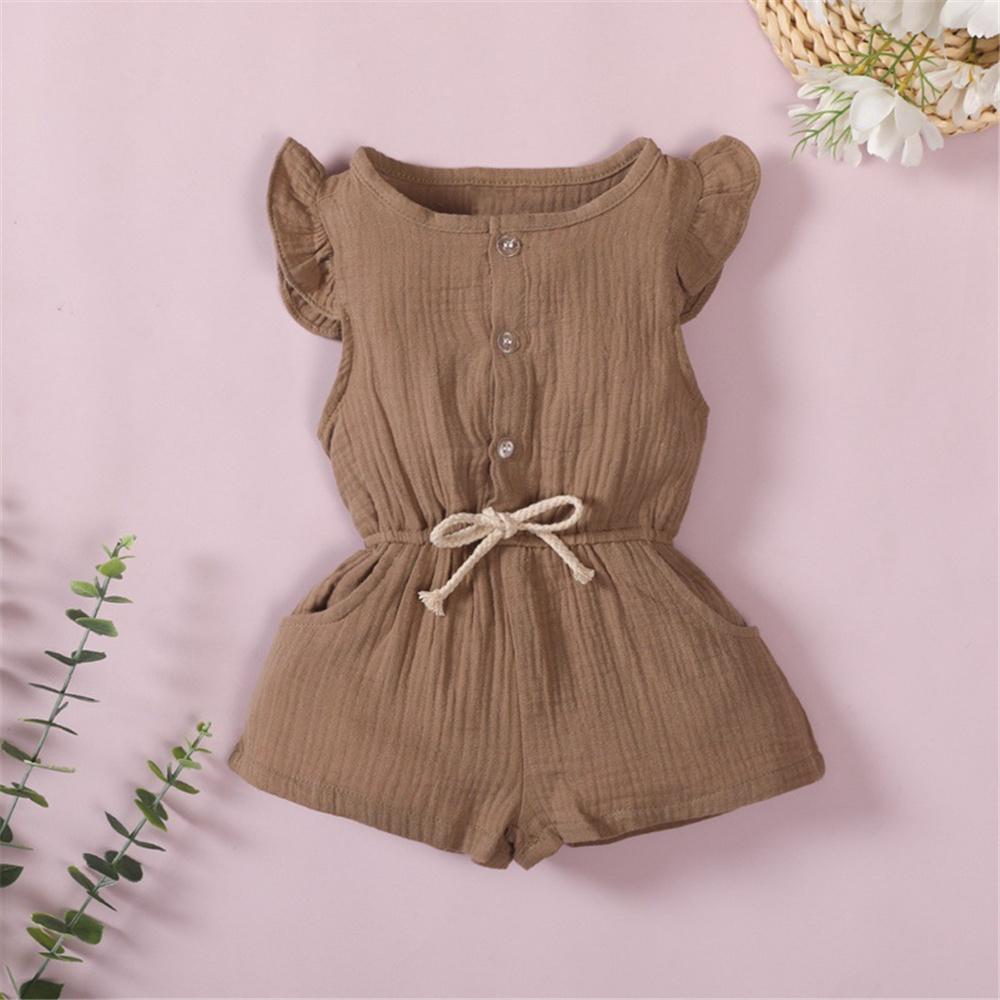 Girls Solid Pocket Flying Sleeve Jumpsuit trendy kids wholesale clothing