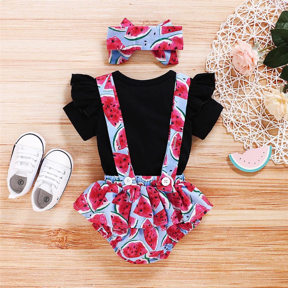 Baby Girls Solid Ruffled Short Sleeve Top & Watermelon Suspender Romper & Headband Wholesale Baby Girl Clothes