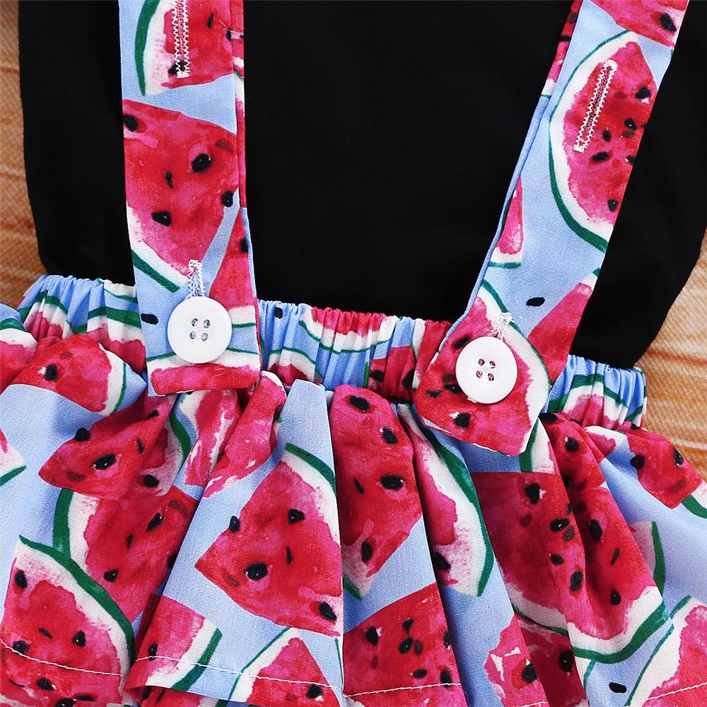 Baby Girls Solid Ruffled Short Sleeve Top & Watermelon Suspender Romper & Headband Wholesale Baby Girl Clothes