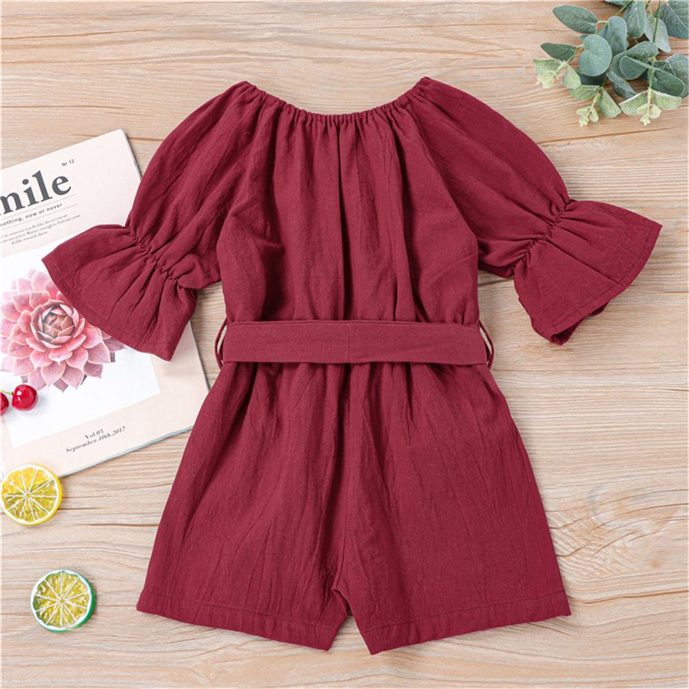 Girls Solid Short Sleeve Belt Jumpsuit wholesale childrens clothing online