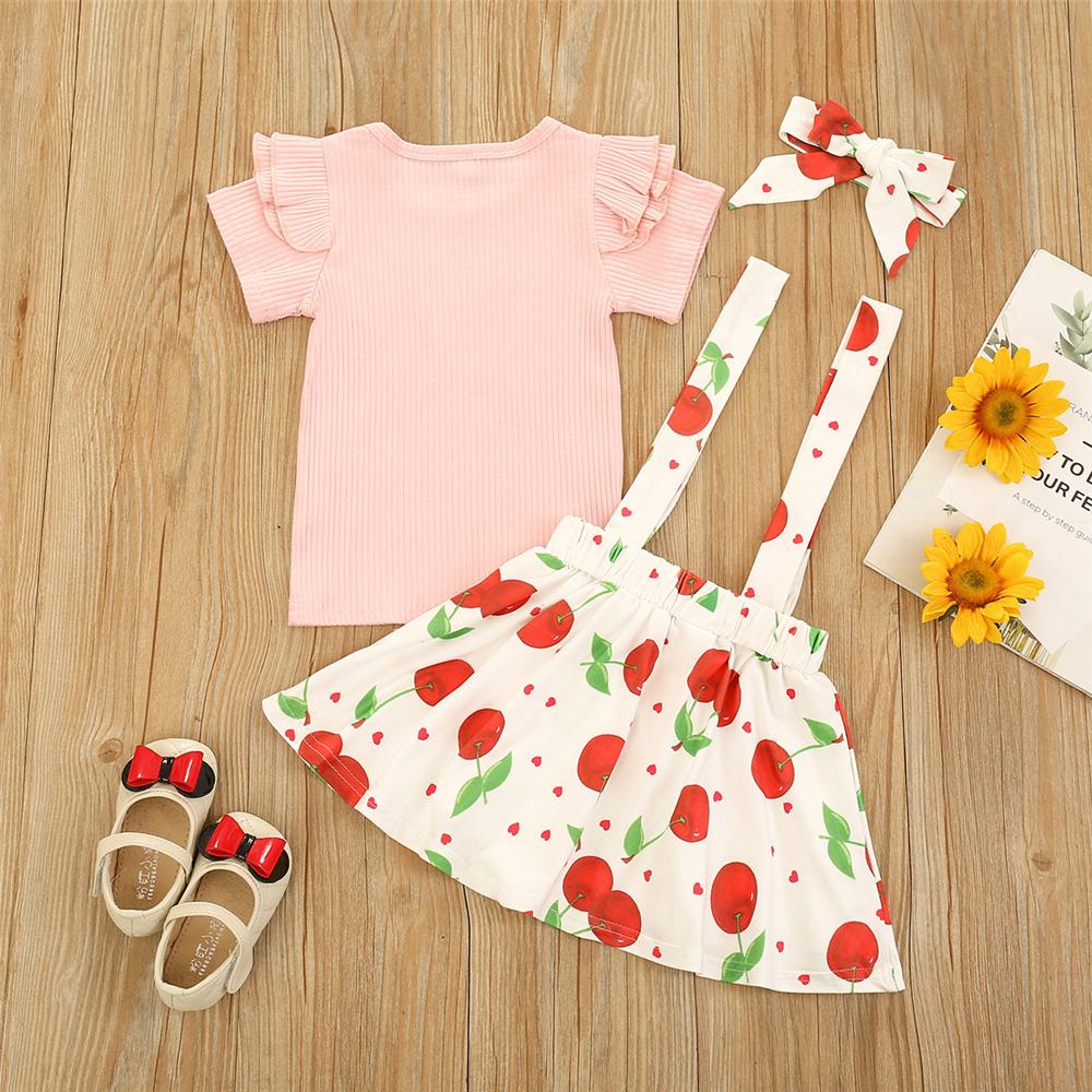 Girls Solid Short Sleeve Ruffled Top & Cherry Printed Suspender Skirt & Headband Children Clothes Wholesale