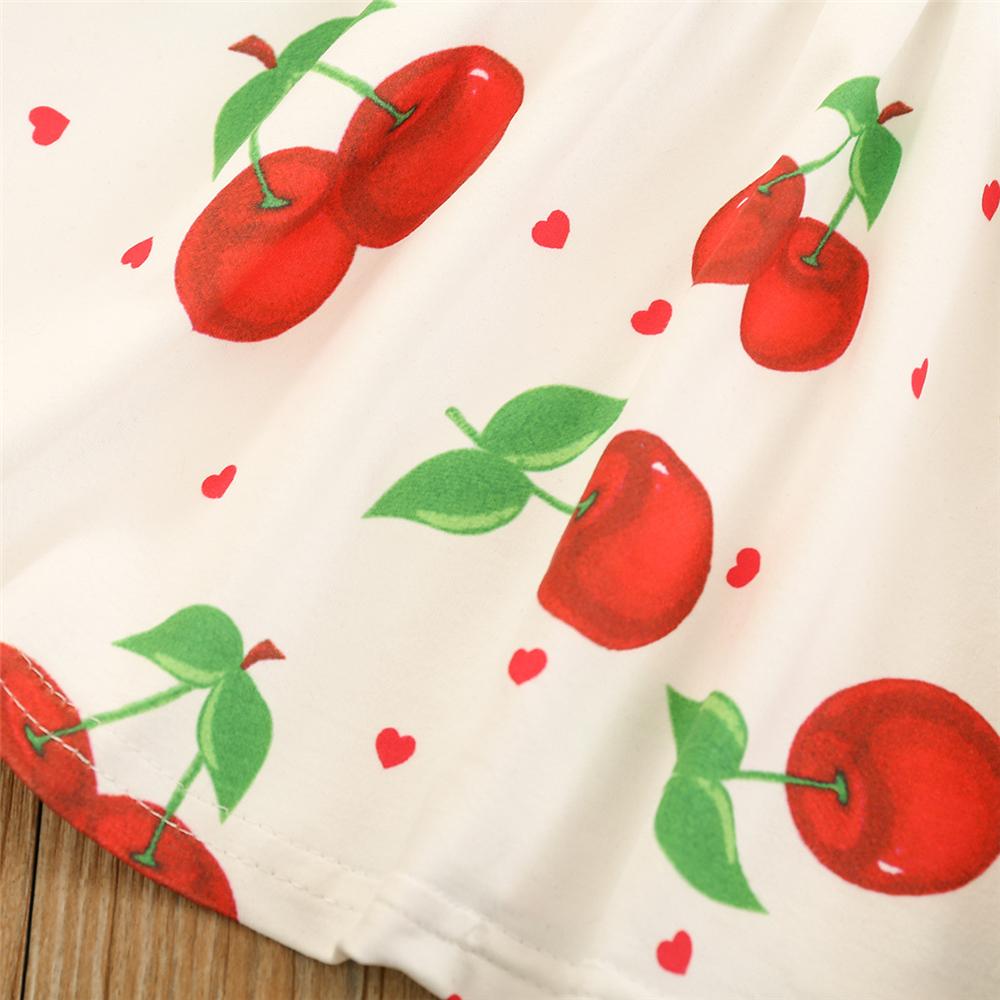 Girls Solid Short Sleeve Ruffled Top & Cherry Printed Suspender Skirt & Headband Children Clothes Wholesale