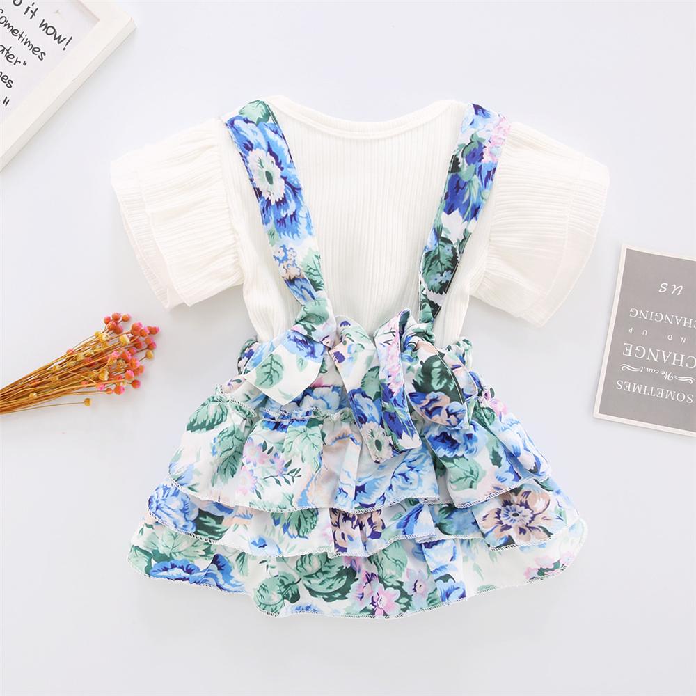 Baby Girls Solid Short Sleeve Top & Floral Printed Suspender Skirt Wholesale Baby Clothes