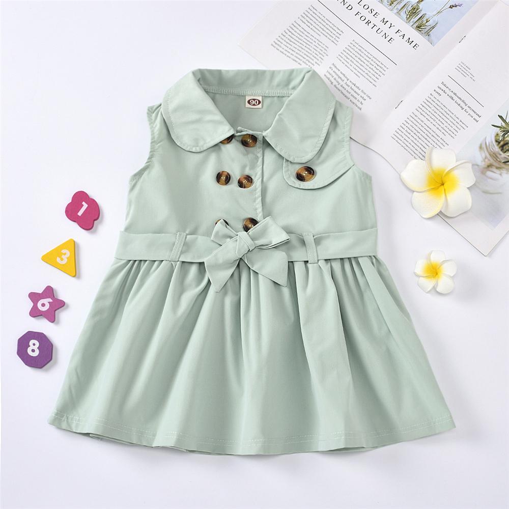 Girls Solid Sleeveless Lapel Button Belt Dress Wholesale Little Girl Boutique Clothing