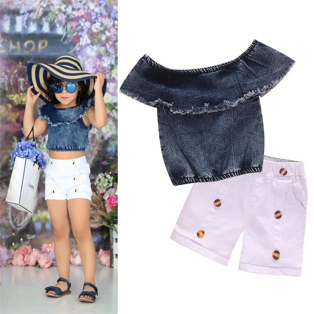 Girls Solid Sleeveless Lotus Leaf Collar Denim Shorts & Button Shorts wholesale childrens clothing
