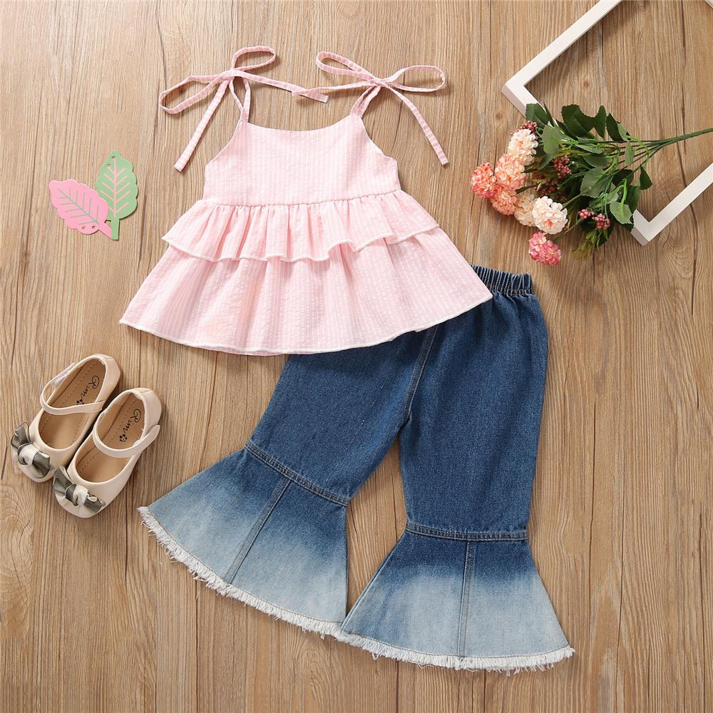 Girls Solid Sling Top & Flared Jeans trendy kids wholesale clothing