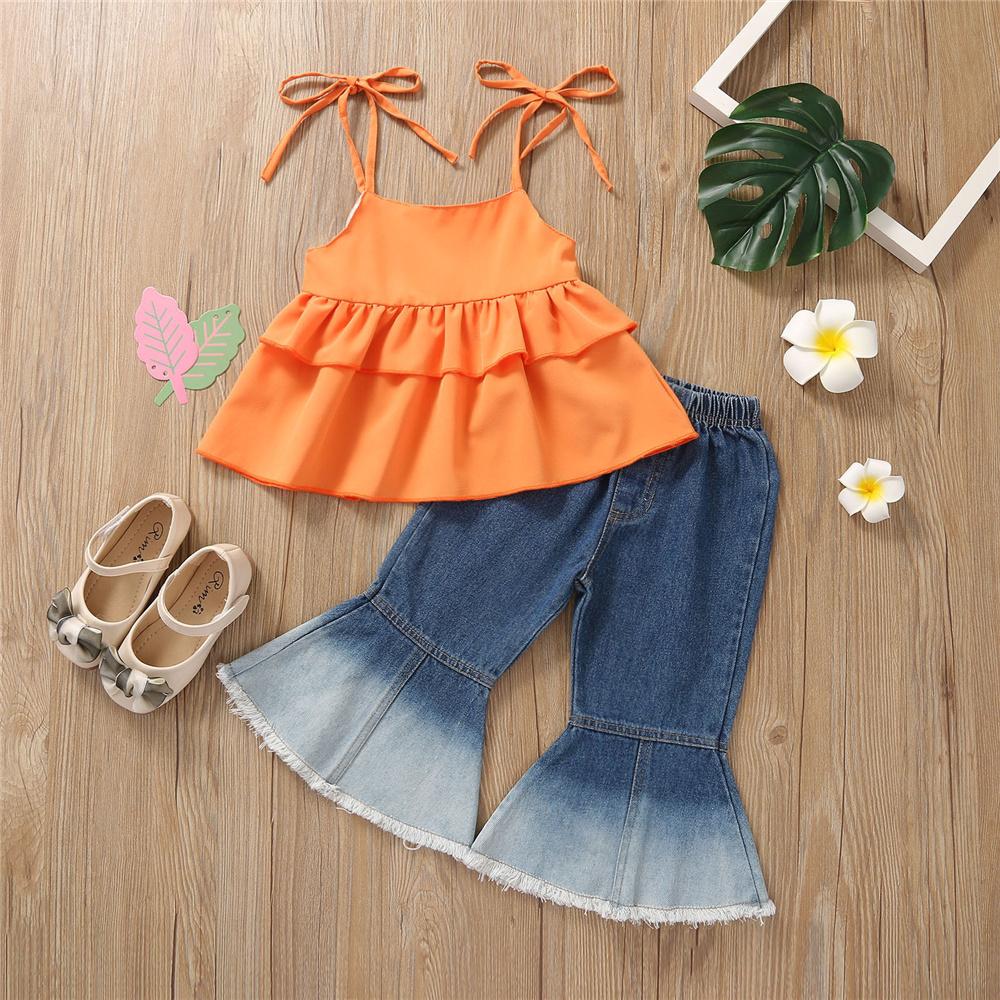 Girls Solid Sling Top & Flared Jeans trendy kids wholesale clothing