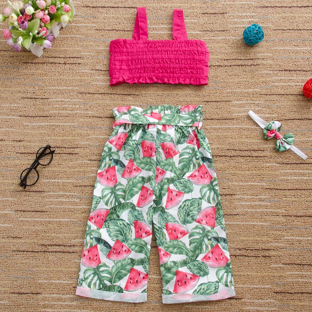 Girls Solid Sling Top & Summer Fruit Printed Pants & Headband Girls Wholesale Clothing
