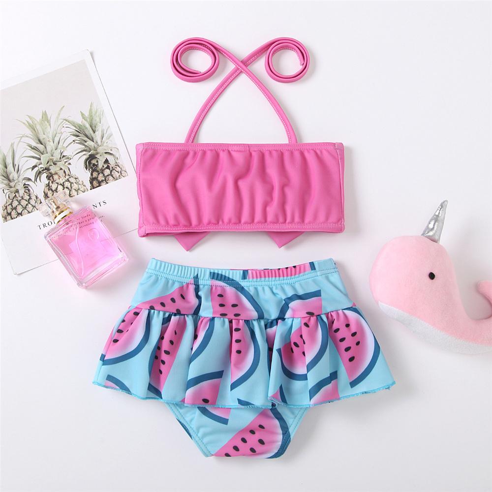 Girls Solid Tie Up Bow Top & Printed Shorts Swimming Suit 2 Piece Swimsuit With Shorts