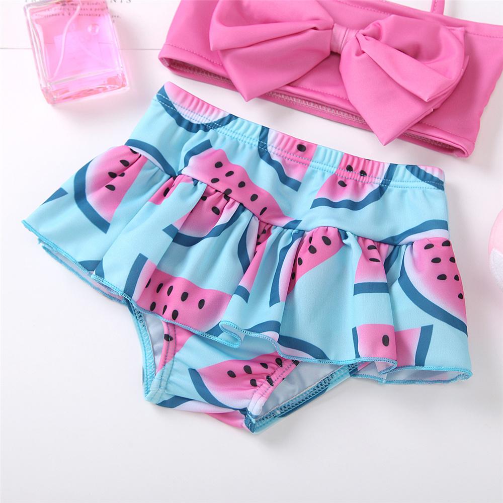 Girls Solid Tie Up Bow Top & Printed Shorts Swimming Suit 2 Piece Swimsuit With Shorts