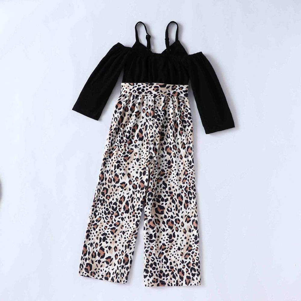 Girls Splicing Leopard Long Sleeve Jumpsuit wholesale kids clothing