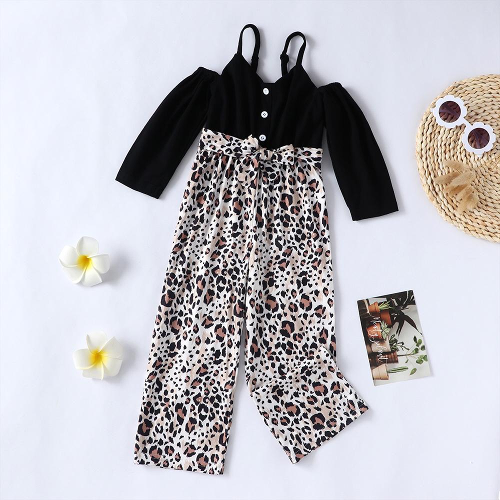 Girls Splicing Leopard Long Sleeve Jumpsuit wholesale kids clothing