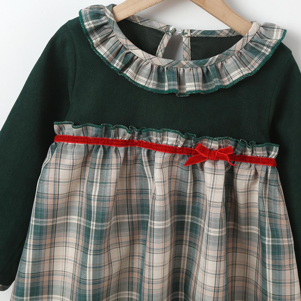 Girls Splicing Plaid Long Sleeve Dress childrens wholesale clothing