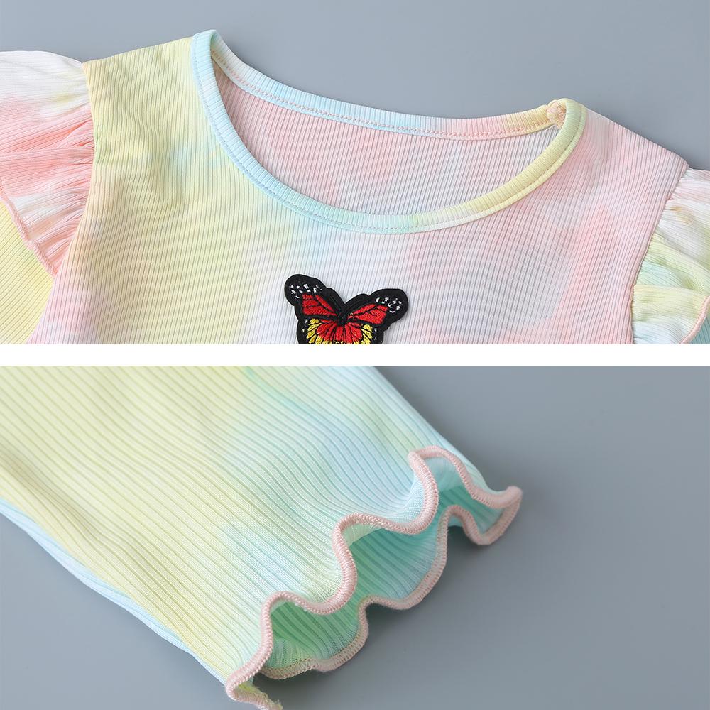 Spring And Autumn New Round Neck Hem Lace Tie-Dye Printing Butterfly Long-Sleeved Top Wholesale Baby Girl Clothes