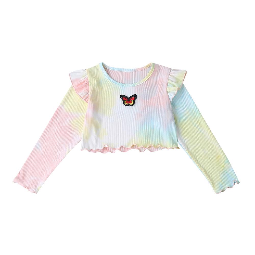 Spring And Autumn New Round Neck Hem Lace Tie-Dye Printing Butterfly Long-Sleeved Top Wholesale Baby Girl Clothes