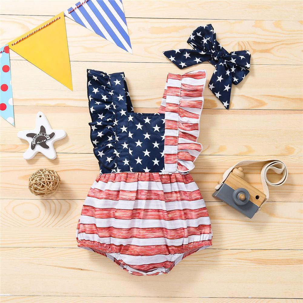 Baby Girls Star Striped Romper & Headband Wholesale Baby Clothes