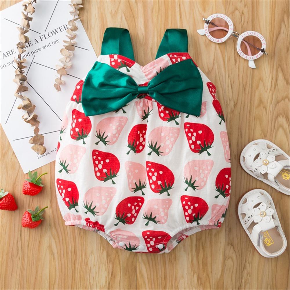 Baby Girls Strawberry Printed Bow Decor Romper baby clothes wholesale distributors