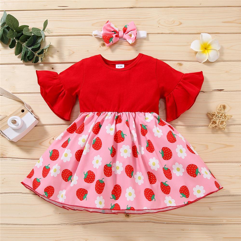 Girls Strawberry Printed Flared Sleeve Fashion Dress & Headband kids wholesale clothing