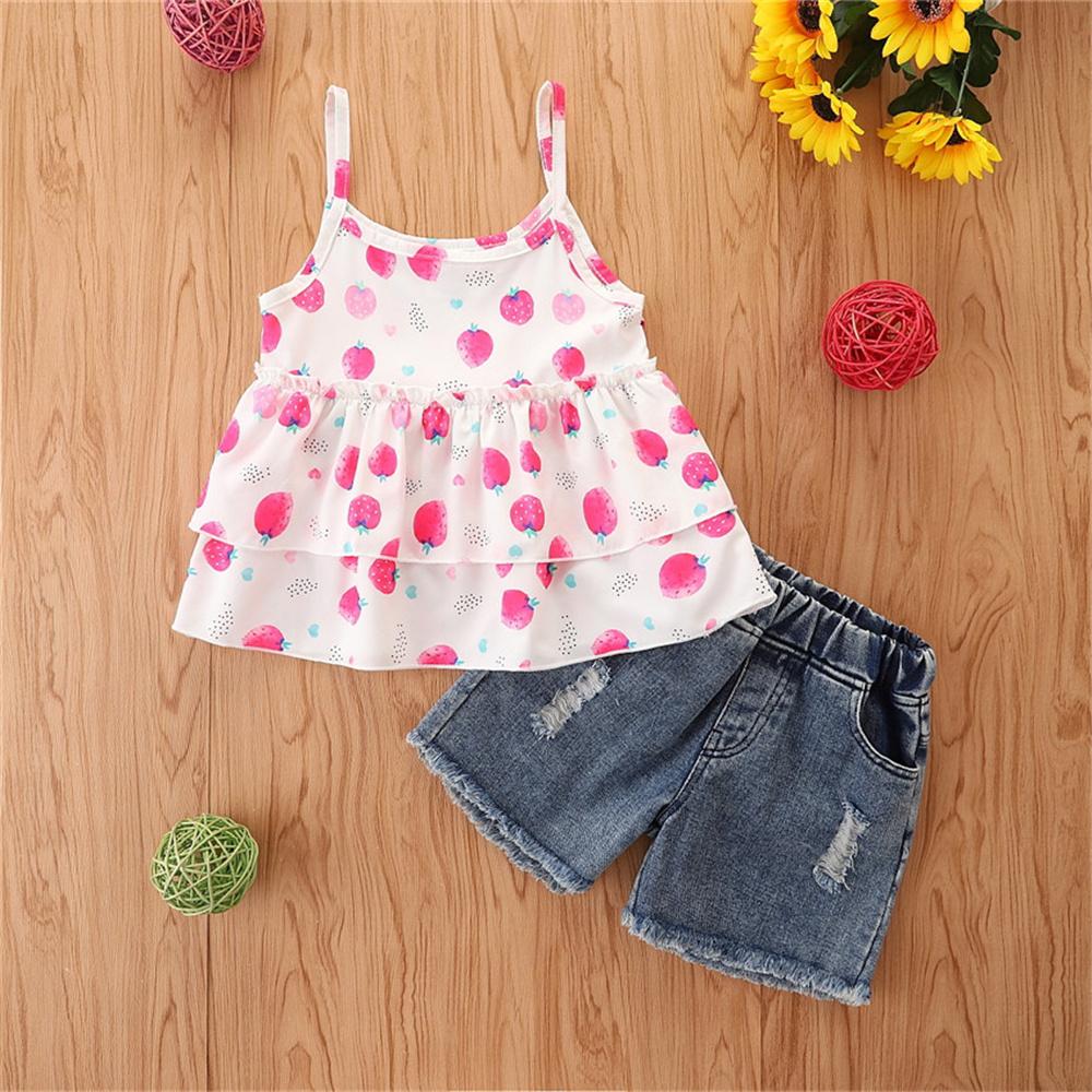 Girls Strawberry Printed Sling Top & Denim Shorts wholesale kids clothing