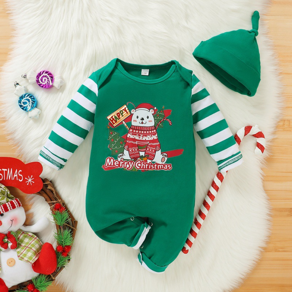Baby Striped Cartoon Printed Long Sleeve Romper & Hat baby clothes wholesale