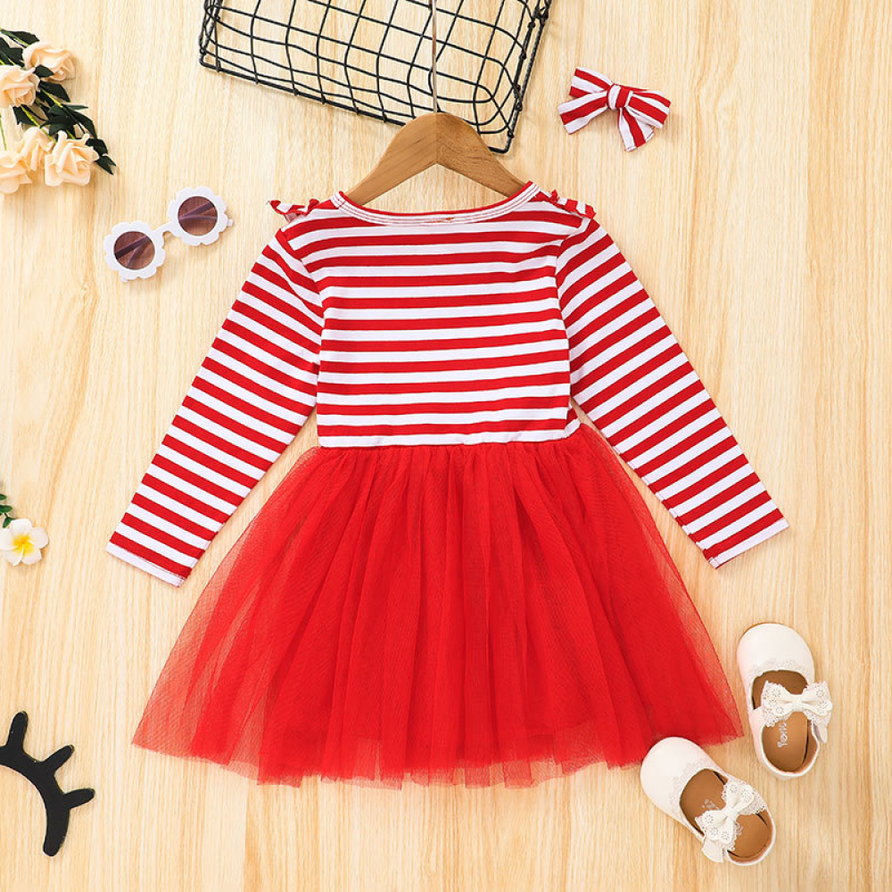 Girls Striped Christmas Long Sleeve Mesh Dress children wholesale clothing