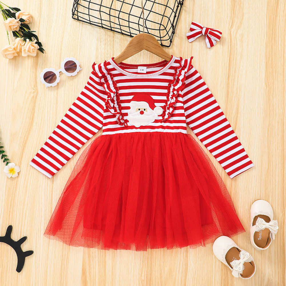 Girls Striped Christmas Long Sleeve Mesh Dress children wholesale clothing