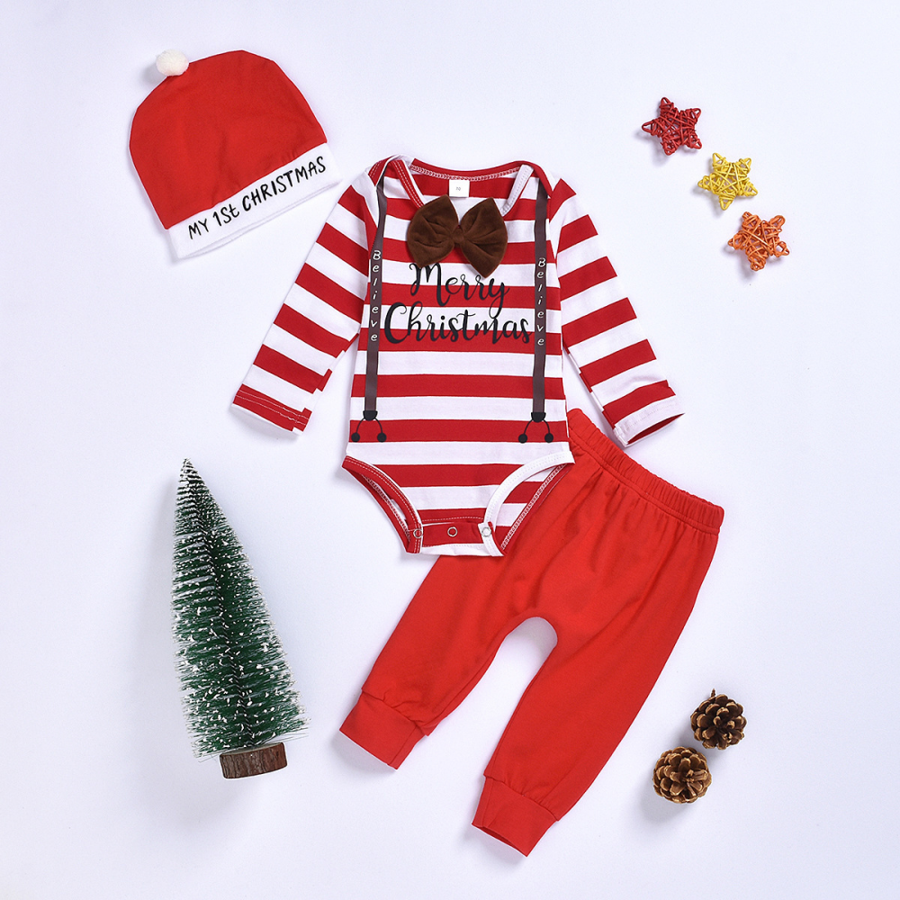 Baby Boys Striped Christmas Long Sleeve Romper & Pants & Hat baby wholesale clothing