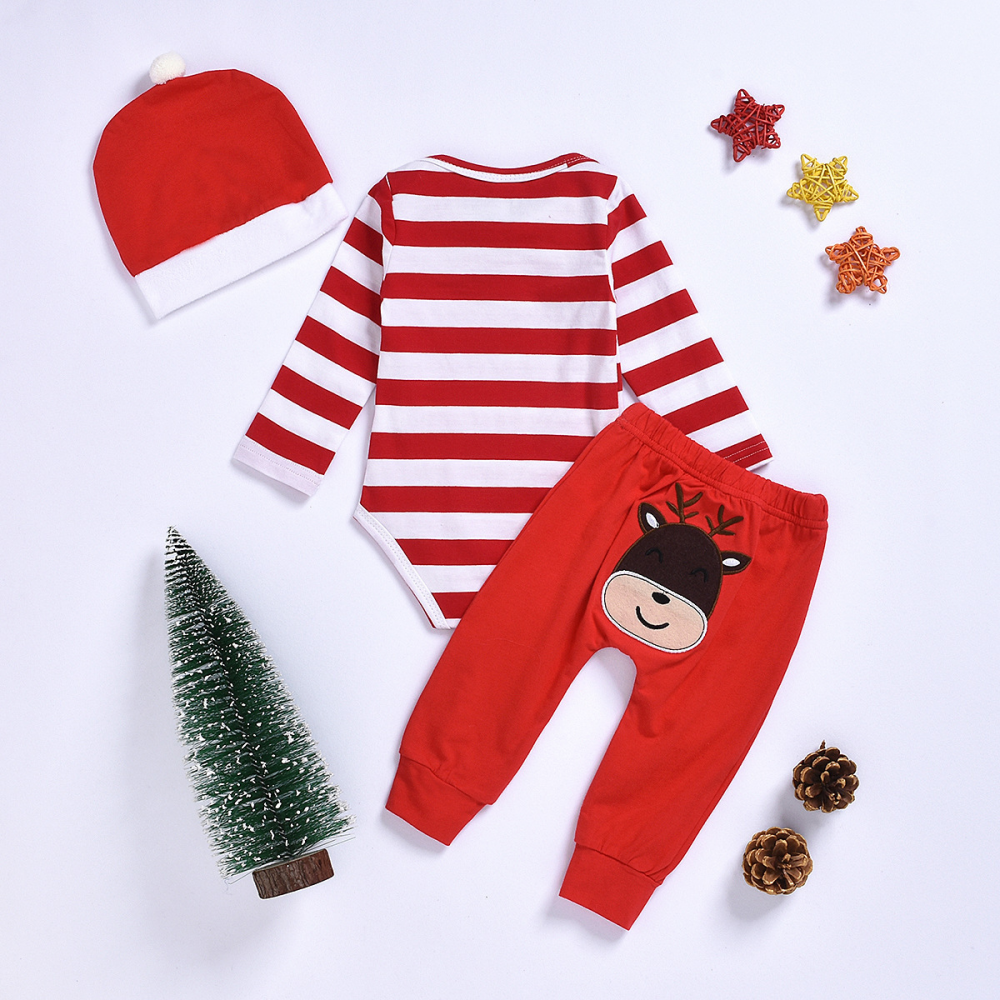 Baby Boys Striped Christmas Long Sleeve Romper & Pants & Hat baby wholesale clothing